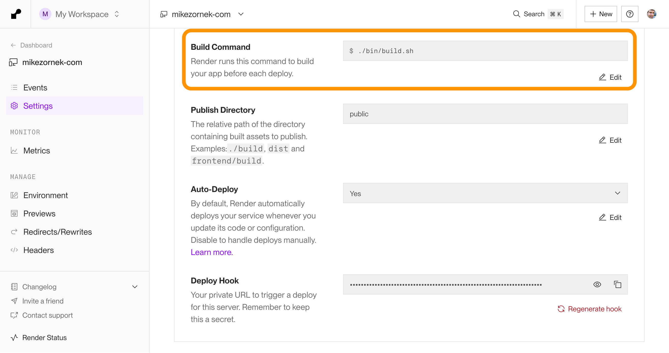 Render Setting web page