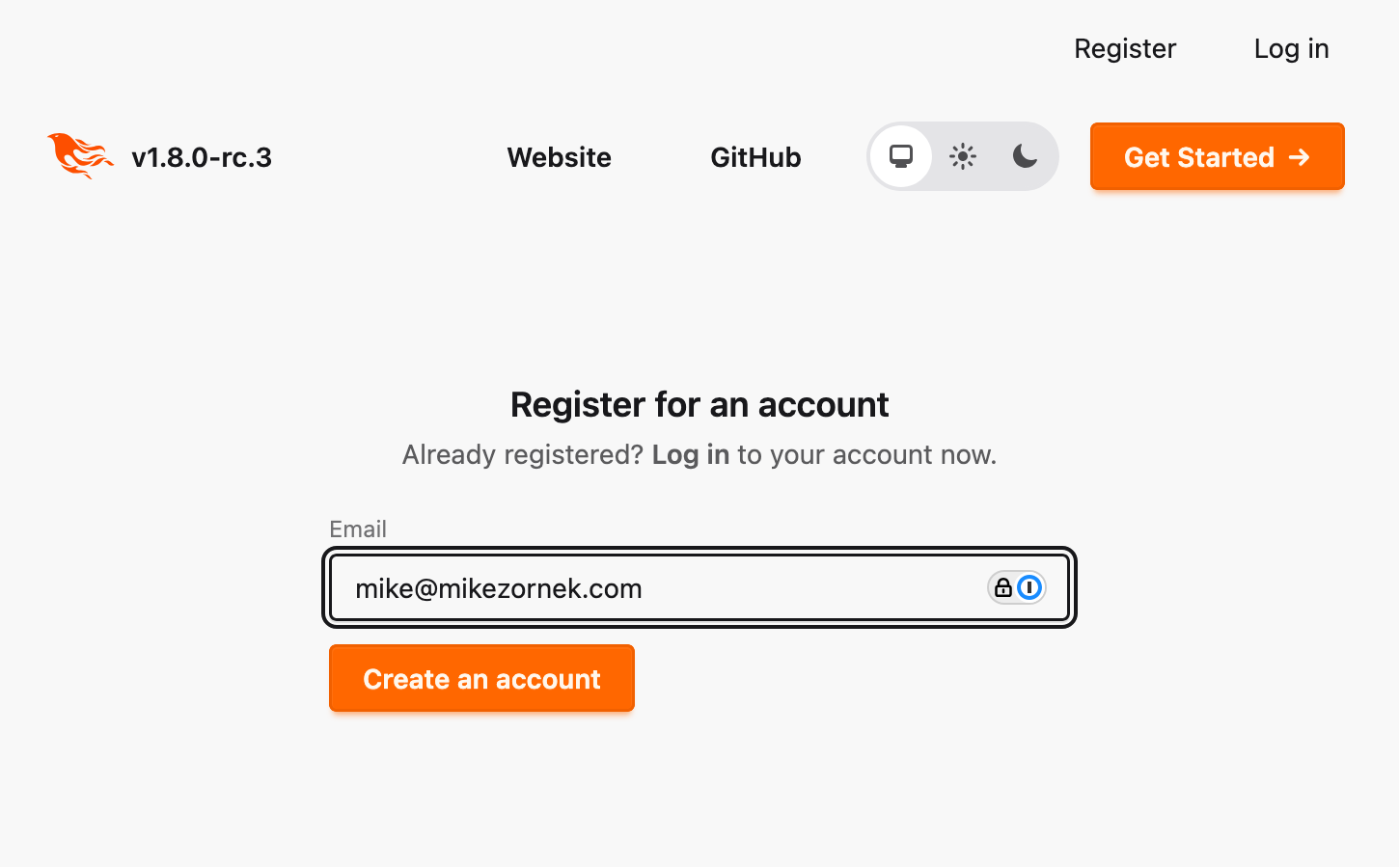 Screenshot showing a registration form asking for email only.
