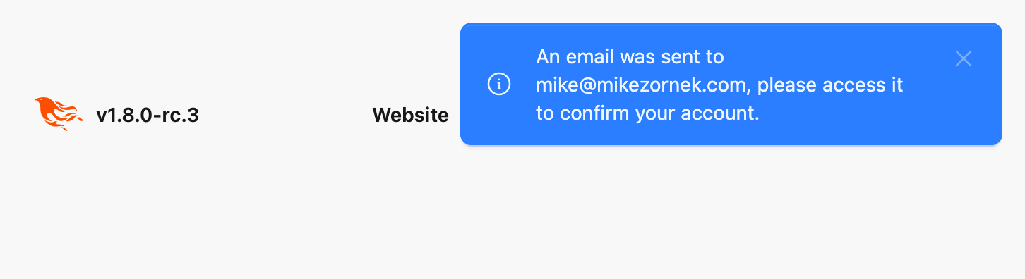 Screenshot showing a toast notification telling the user an email was sent to their account.