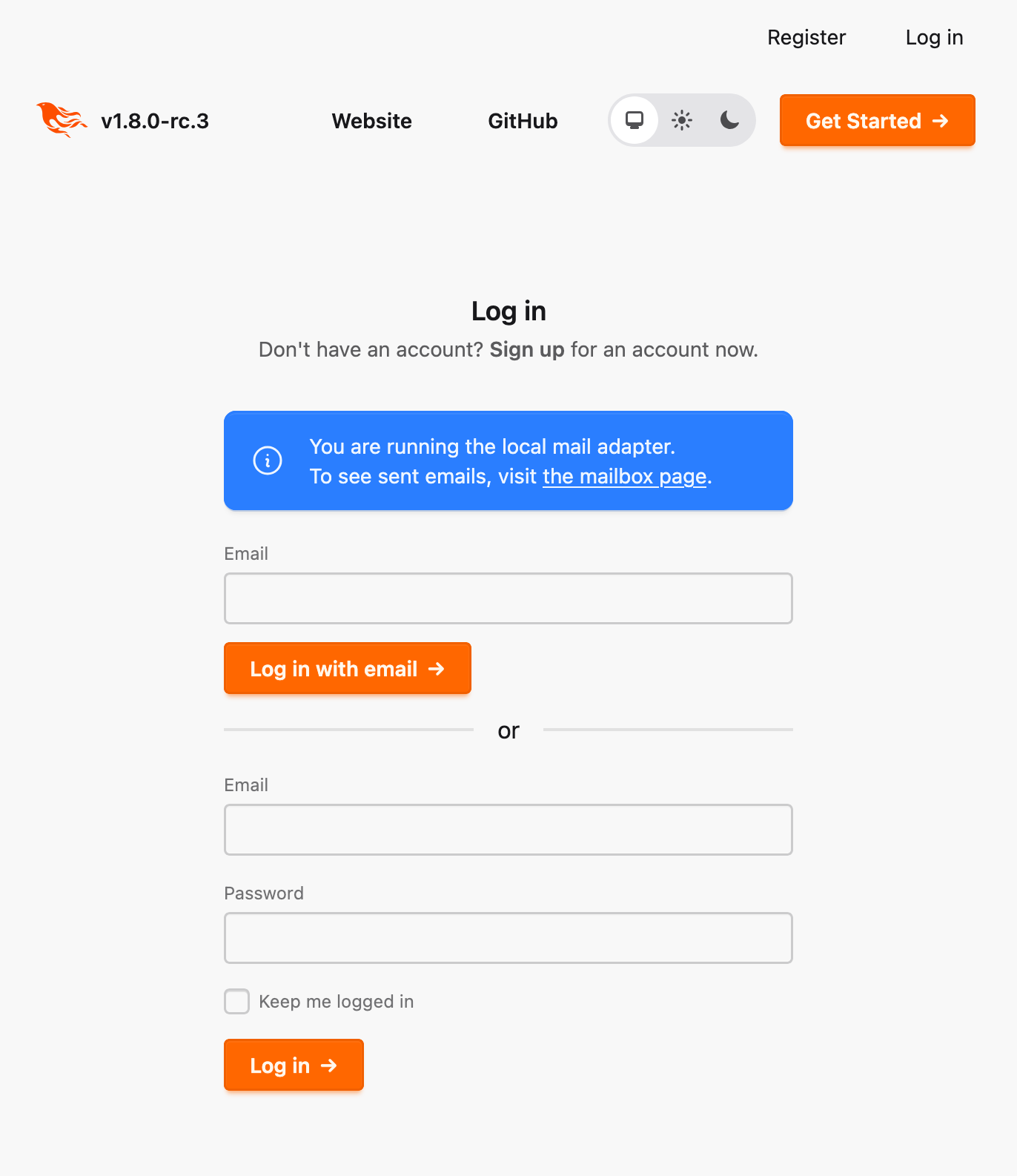 Screenshot showing the log in form