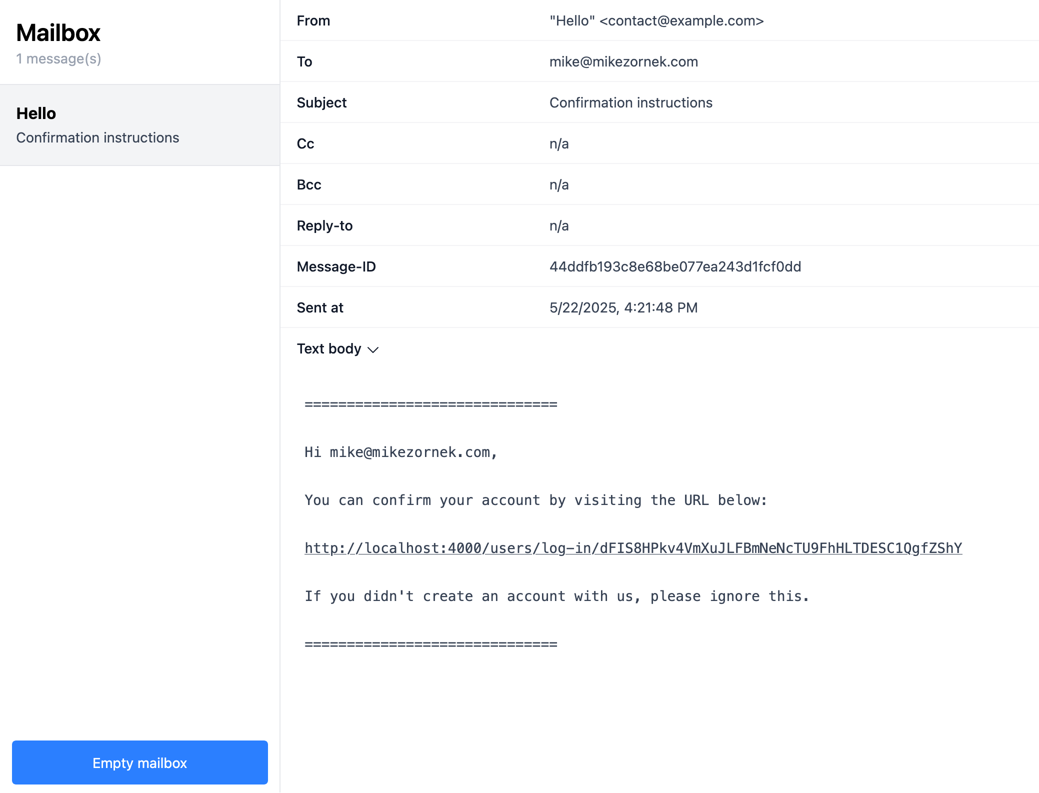 Screenshot of a black and white minimal email browsing UI.
