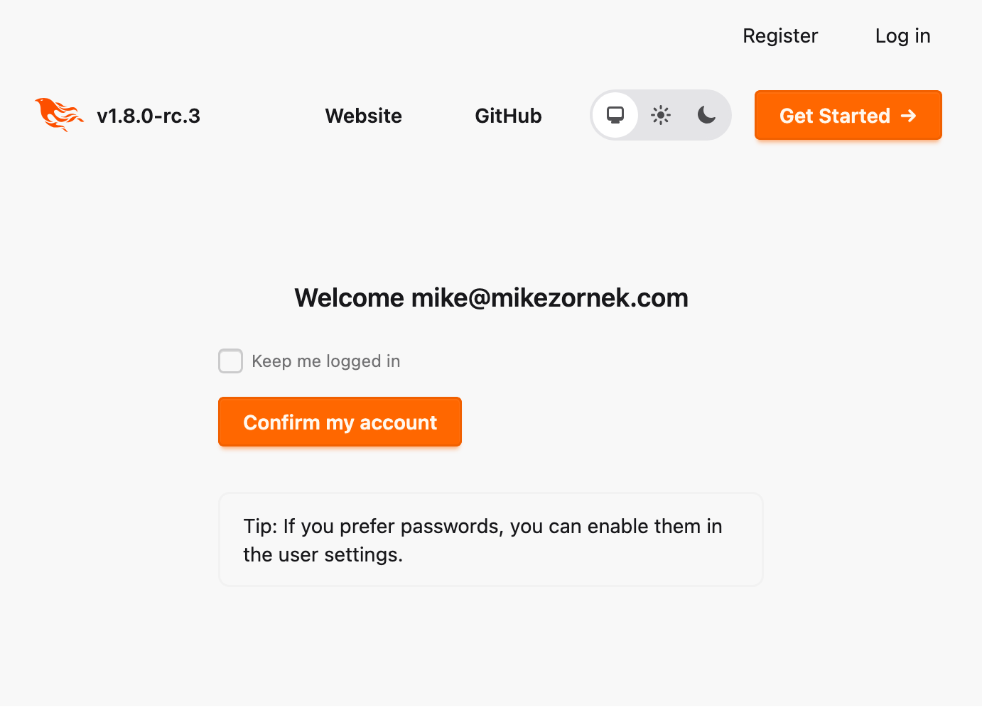 Screenshot of the page shown after clicking the magic link.