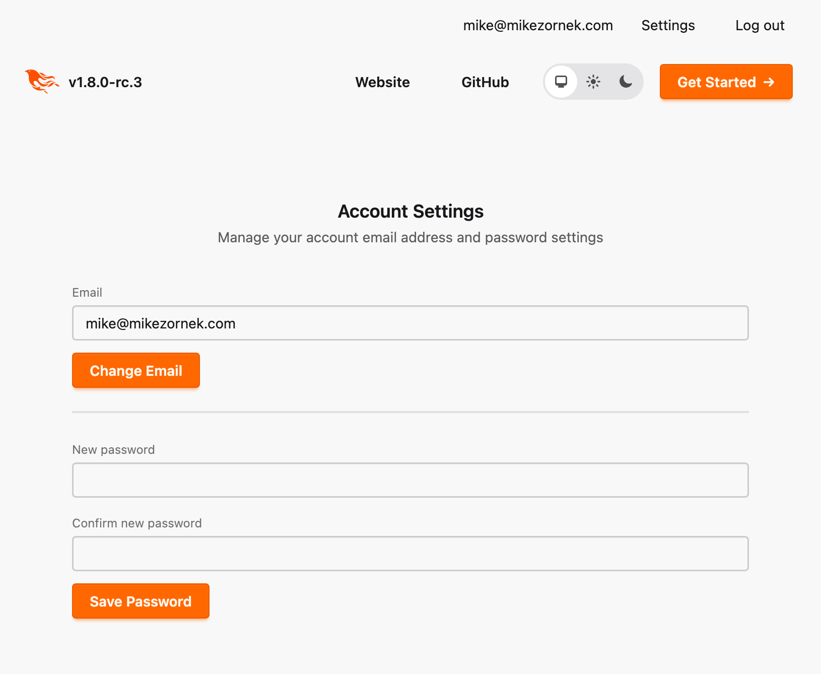 Screenshot showing two forms. One to Change Email and another to Save Password