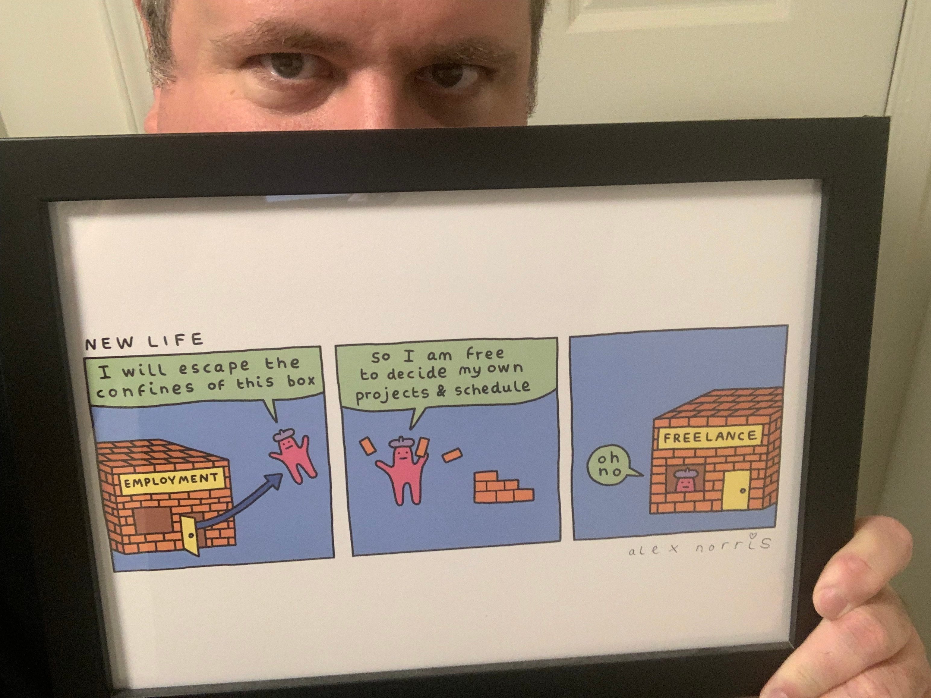 Mike Zornek holds a framed comic strip titled 'New Life' by Alex Norris. The comic has three panels. In the first panel, a pink character escapes from a brick box labeled 'Employment,' saying, 'I will escape the confines of this box.' In the second panel, the character floats free and says, 'So I am free to decide my own projects & schedule.' In the third panel, the character is now inside a nearly identical brick box labeled 'Freelance' and says, 'oh no.' Mike Zornek is partially visible, with his eyes peeking over the top of the frame.