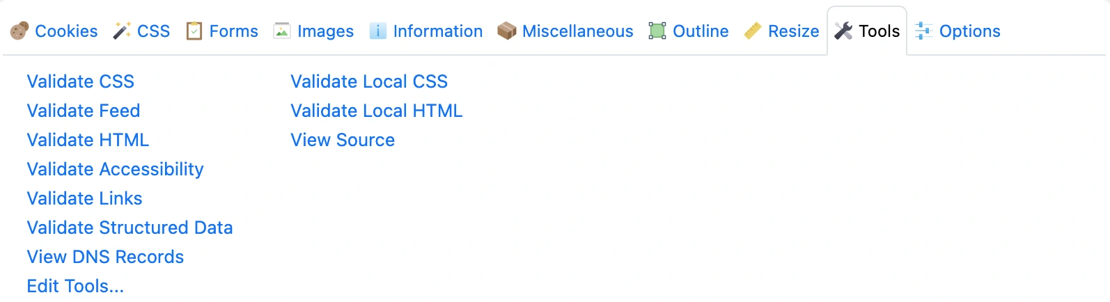 A list of tools offered by the Web Developer extension.